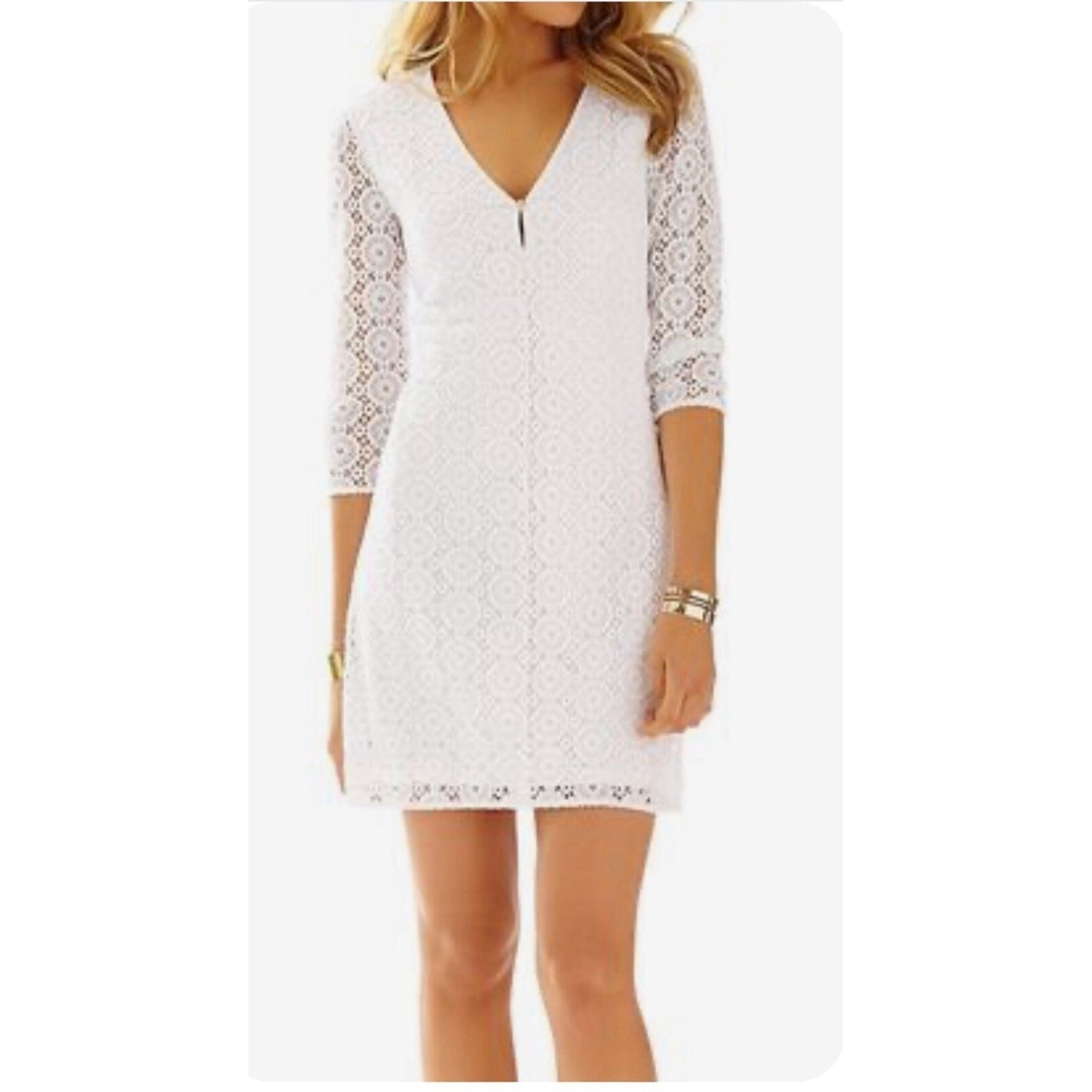 Lilly Pulitzer Lamora Crochet Lace Tunic Lined White V-neck Resort Mini Dress XS